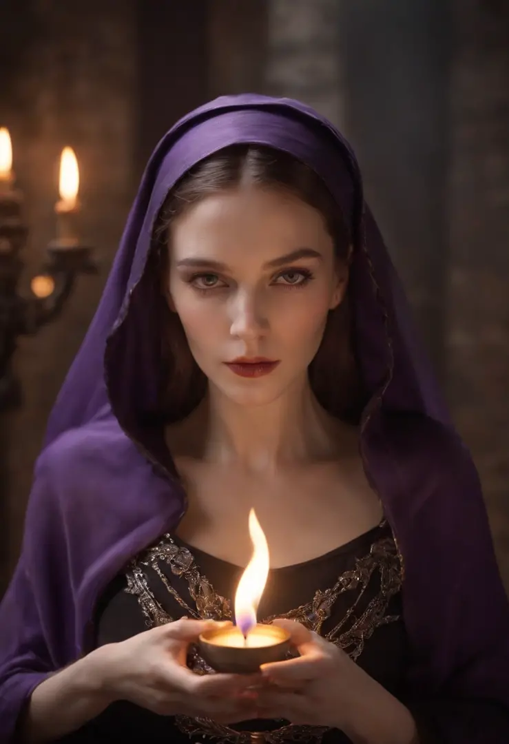 A  nun, upper body,dressed in a long black habit, that purple flame flows around her. Her face is both beautiful and dangerous, with pale skin and dark eyes that seem to glow in the darkness,Her hair is long and flowing, stretching down her back like tendr...
