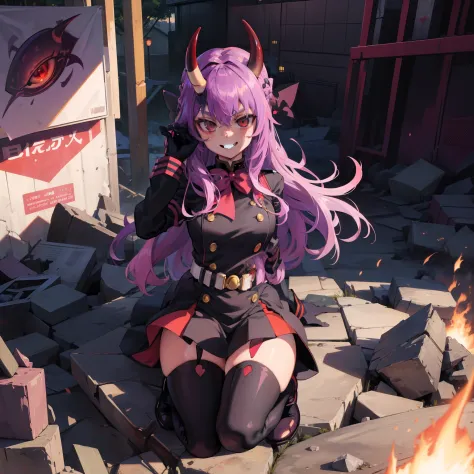 (masterpiece), best quality, expressive eyes, a perfect face, 1girl, solo, purple hair, red eyes, demon, one horn, horn in the m...