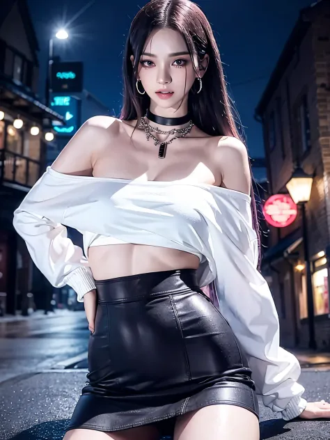 tall girl with fangs sitting in the street at night, sexy pose ,snow on the ground, wet clothes, seductive, beauty spot on chin,...