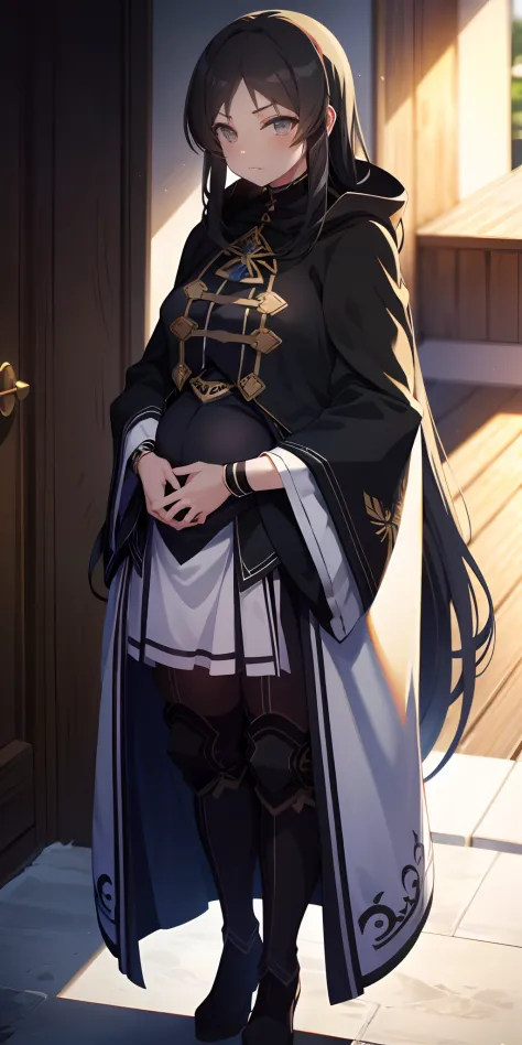 Nanahoshi, 1girl, Teenage girl, long black hair, white mask, black cloak, pregnant, pregnant belly