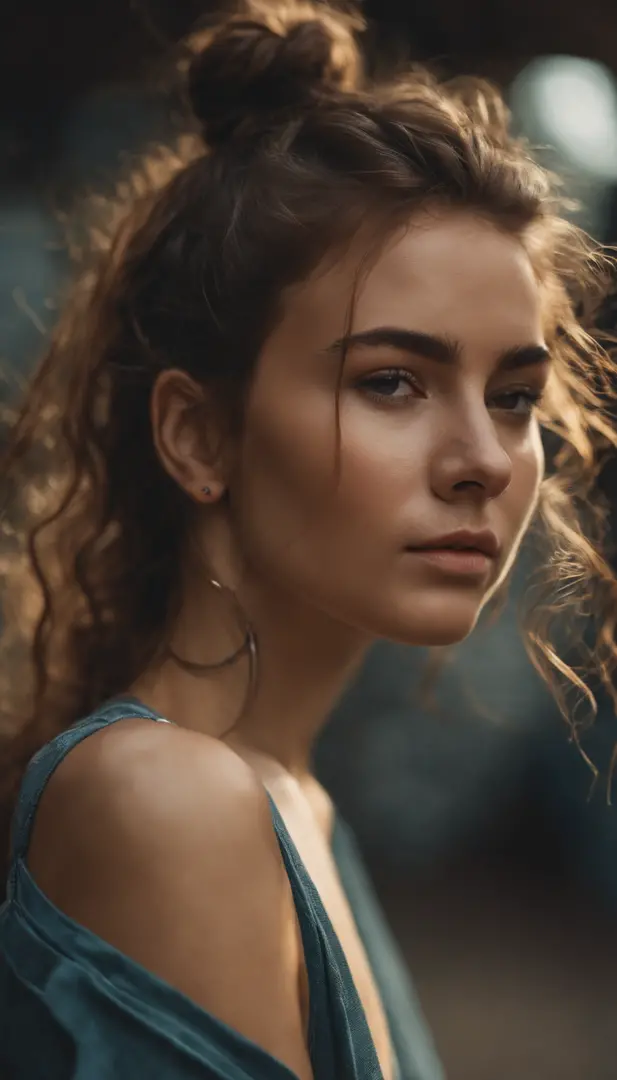 1girl, idol, close-up, collarbone,  ,, photo, film, depth of field, skin texture, t-shirt, rubber band, topknot, long hair, messy hair, freckles,