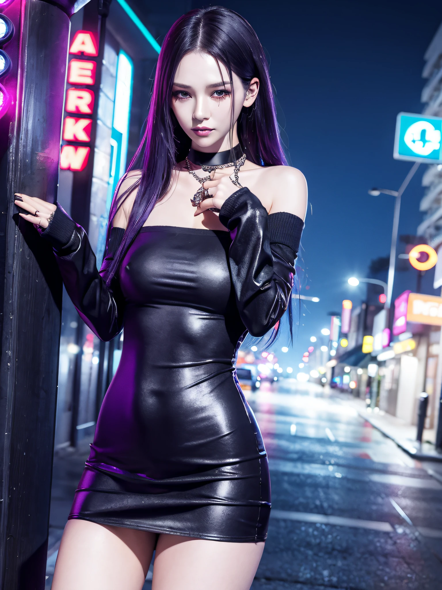 dark purple hair, tall girl with fangs standing in the street at night, sexy pose ,snow on the ground, wet clothes, seductive, beauty spot on chin, wearing a loose oversized jacket, off the shoulder, fishnet leggings, wearing an oversized dress, wearing a long loose white shirt, sexy thighs, side pose, small mole on the chin, blushing, neon lights in the background, detailed background, raining, long sleeves, neck choker with necklace, long necklace, evil look, detailed digital anime art