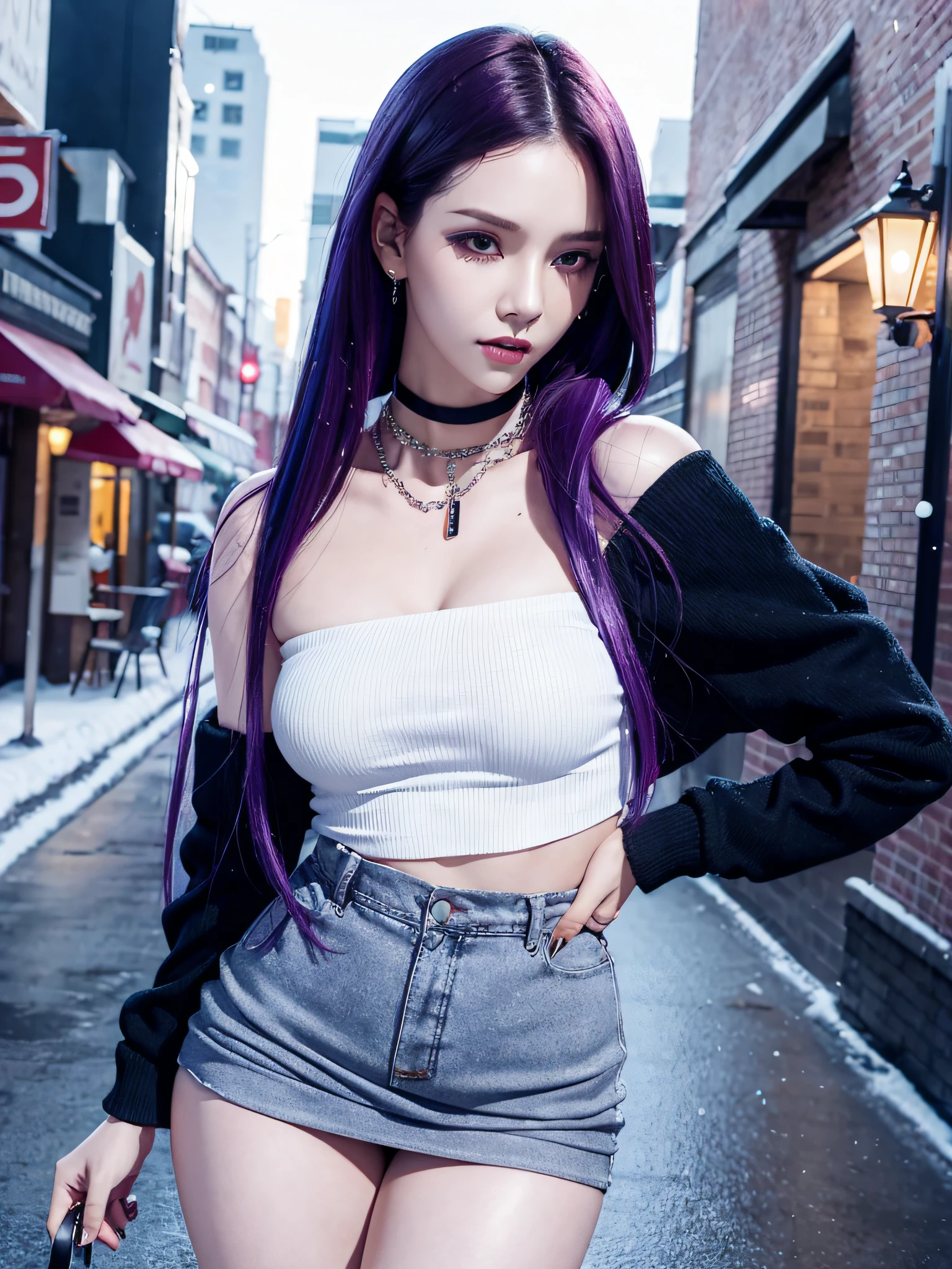 dark purple hair, tall girl with fangs standing in the street at night, sexy pose ,snow on the ground, wet clothes, seductive, beauty spot on chin, wearing a loose oversized jacket, off the shoulder, fishnet leggings, wearing an oversized dress, wearing a long loose white shirt, sexy thighs, side pose, small mole on the chin, blushing, neon lights in the background, detailed background, raining, long sleeves, neck choker with necklace, long necklace, evil look, detailed digital anime art