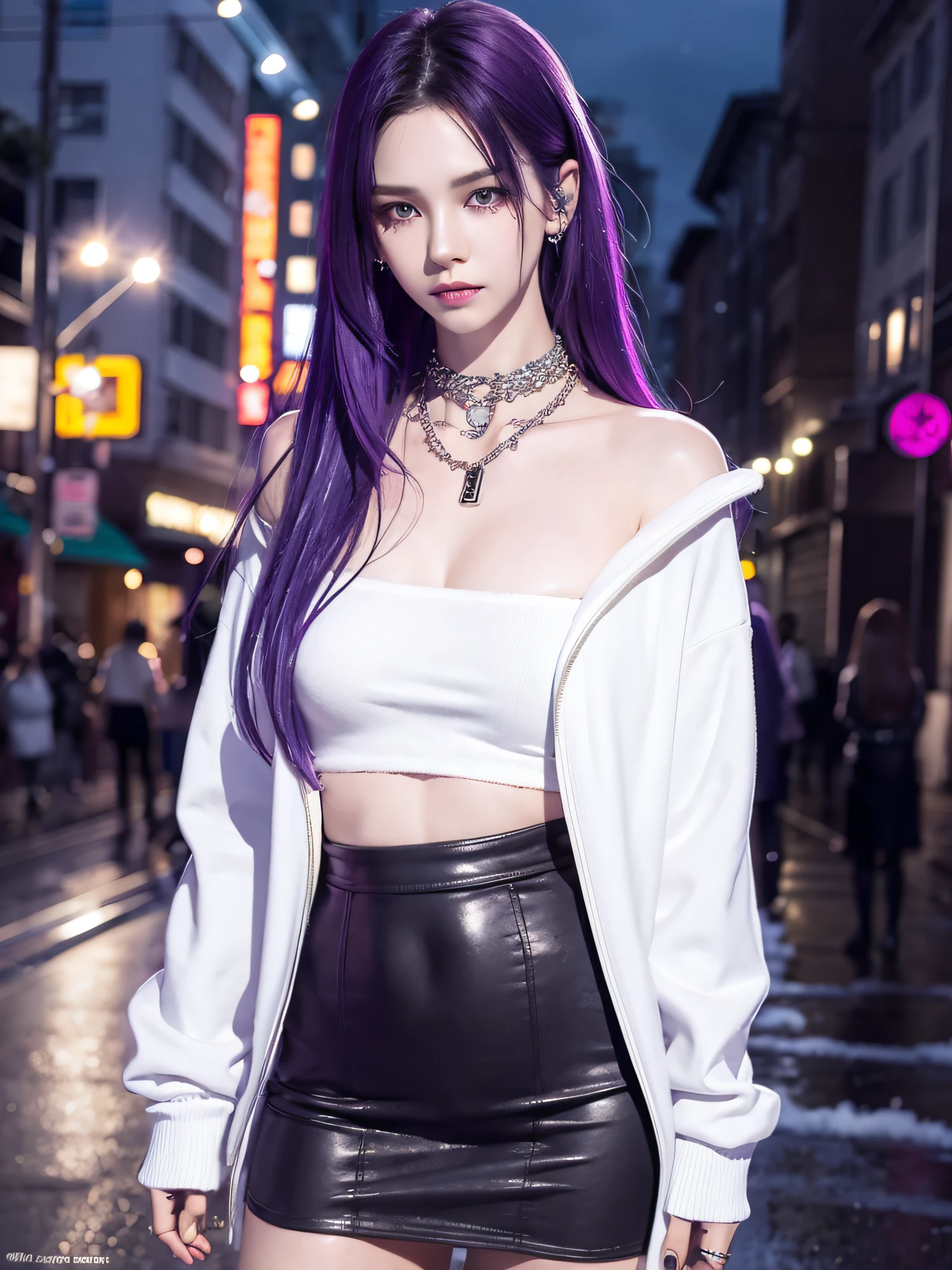 cabelo roxo escuro, garota alta com presas parada na rua à noite, pose sexy ,neve no chão, roupas molhadas, sedutor, ponto de beleza no queixo, vestindo uma jaqueta larga e grande, Fora do ombro, Leggings de rede arrastão, usando um vestido grande, vestindo uma camisa branca longa e solta, coxas sexy, pose lateral, pequena verruga no queixo, rubor, luzes de néon no fundo, fundo detalhado, chovendo, mangas compridas, gargantilha de pescoço com colar, Colar Longo, olhar maligno, arte digital detalhada de anime