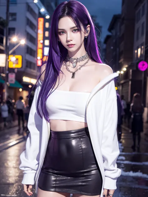 dark purple hair, tall girl with fangs standing in the street at night, sexy pose ,snow on the ground, wet clothes, seductive, b...