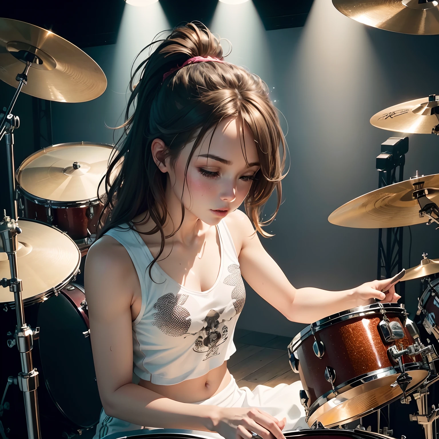 view from top angle, (digital painting:1,4), very detailed illustration, best work, (a beautiful woman sitting in front of a drum set), both hands up holding drum sticks, sweaty body, rocker clothes, very energetic, Bright the light from the studio casts a focused light on each part of the drum, with agile hand movements, sparkling light reflects small sparks on the cymbals and drum surface, highly detailed, 8k