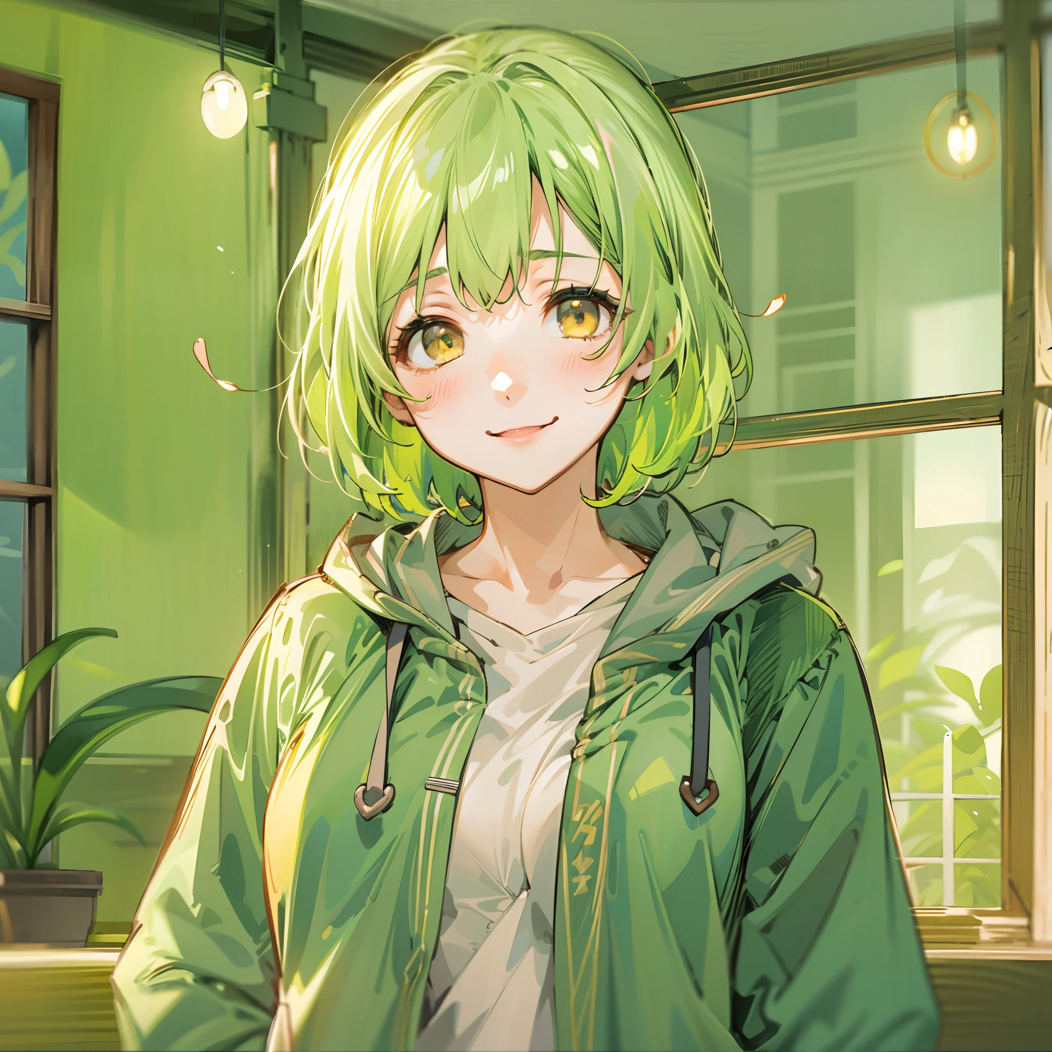 a beauty girl，Yellow-green hair，bobhair、short-hair、Gentle drooping eyes，large full breasts、Uniforms，Manga style，fulcolor，hi-school girl，Calm and gentle face，Big smile、innocent smiles