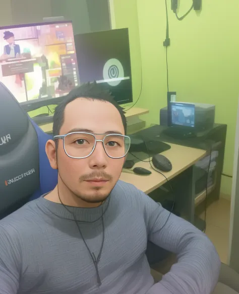 there is a Vietnamese man sitting in a chair with a computer monitor, twitch streamer / gamer ludwig, profile picture 1024px, with head phones, transparent glasses, yanjun chengt, !!wearing modern glasses!!, #oc, # oc, /r/razer, low quality photo, wearing ...