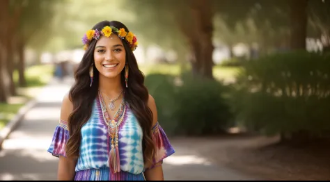 a photo of a young woman dressed in a tie-dye maxi dress or a peasant blouse paired with bell-bottom jeans and fringe accessories. She is smiling, she wears a headband or flower crown in her long, flowing hair. background the campus of a university with bl...