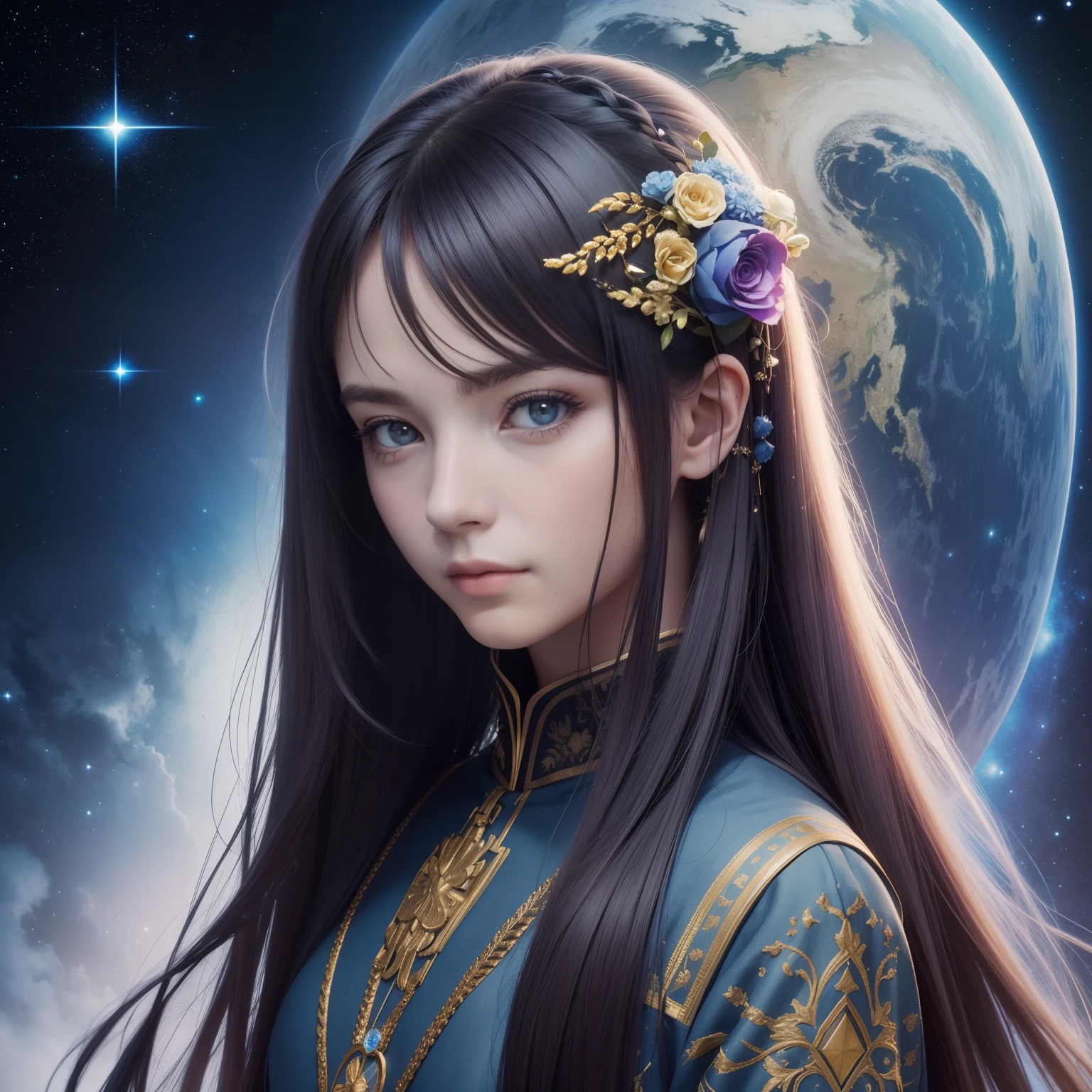 Semi-portrait, top-quality, ​masterpiece, No super high, (photos realistic: 1.4), surrealist, Oneirik, 1 35-year-old girl, absurdly long hair, starrysky, natta, stele, Galaxy, florals,