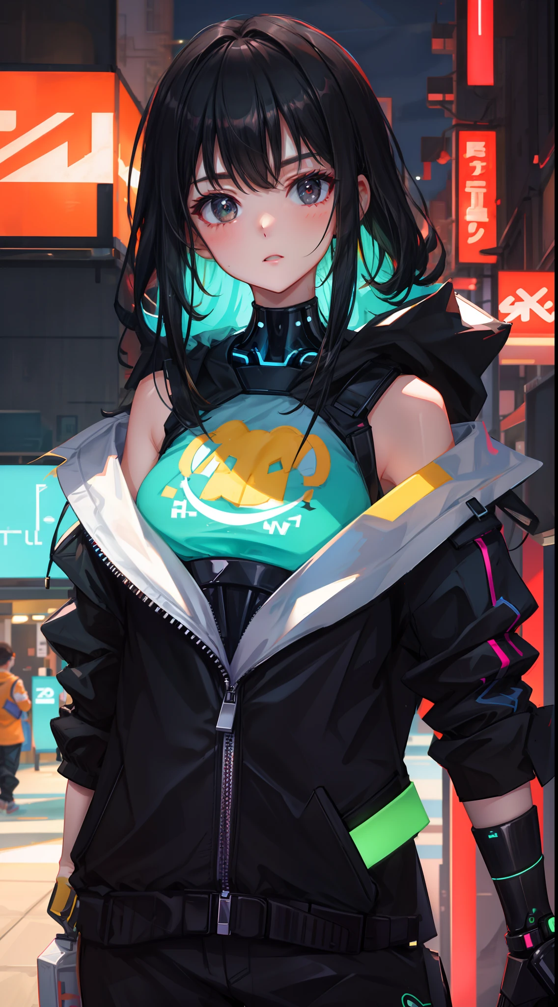 1 girl, upper body, single focus, futuristic beauty, cyberpunk attire, sizzling demeanor, (summer nights in the cybercity: 1.4), (cybernetic heatwave: 1.3), futuristic features, scorching aura, [depth of field, ambient lighting, steamy streets foreground, cybernetic summer skyline in the background], Cyberpunk Summer, neon nights, futuristic heat, (holographic beach: 1.2), intricate details, enhanced lighting.