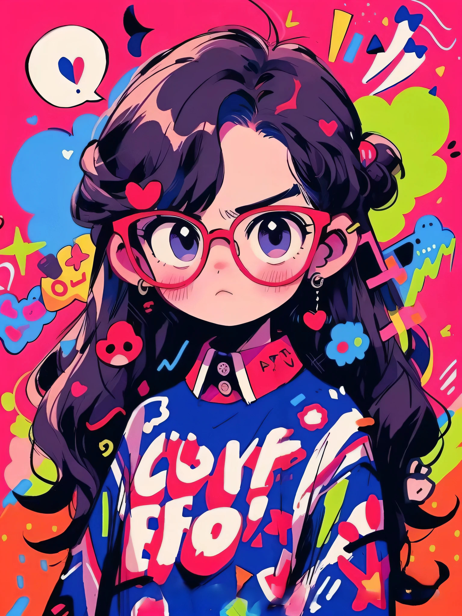 A girl with glasses and a colorful shirt，It has a heart shape on it, lovely art style, decora inspired illustrations, Colorful! Character design, anime visual of a cute girl, Anime style illustration, Cute detailed digital art, urban girl fanart, anime moe art style, lofi-girl, Cartoon Art Style, colorful illustrations, Retro anime girl, hyper colorful