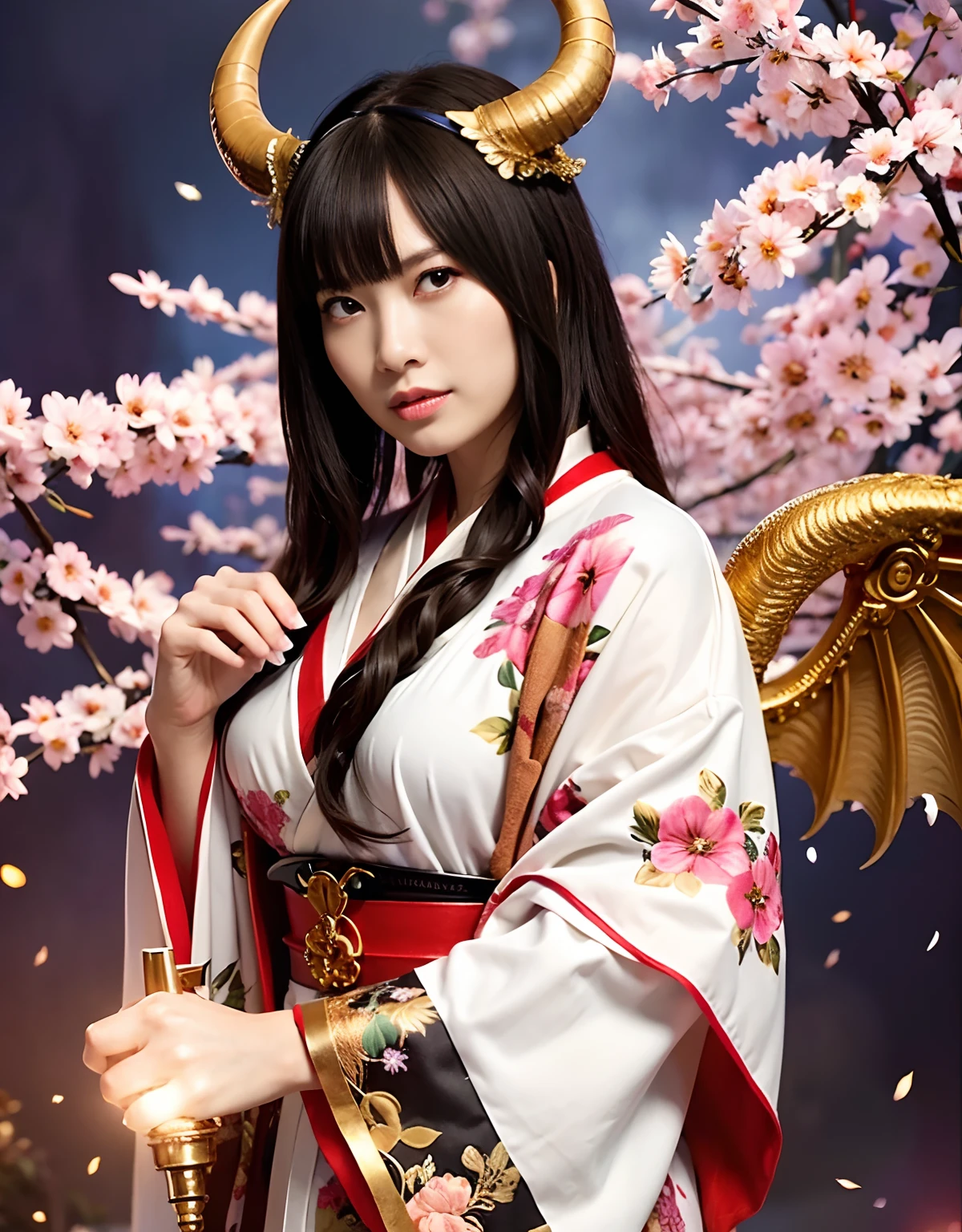 ((Mundo de oscuridad)),profesional , ​obra maestra、de primera calidad、fotos realistas , profundidad de campos 、（pose sexy）、(Fondo de flores de cerezo en plena floración.),（belleza suprema）、A dark-haired、（armadura de bikini blanco)、（Kimono con bonito estampado.）、（fondo nocturno）、（（una noche oscura））,(Usa un hermoso kimono),（Usa un hermoso kimono with colorful floral patterns）、Arma de oro joya、partículas de luz),（Tiene una máscara de diablo）、Preciosas armas de oro ,（（ Preciosa espada del dragón）） , （una noche oscura）,,（maikurobikini） 、（（Hermosa chica de pelo negro））、（fondo del castillo）、（alas demoniacas）、（（Fondo del bosque de Gangle））、Beautiful Caucasian beauty、１a person、soltura dinámica,(((Dos cuernos del diablo en la cabeza.)))、cabeza más pequeña、Sonrisa ociosa、Expresión práctica femenina delgada y hermosa.、Efectos de luz、intensos combates、Efecto viento、circulos magicos、Con la legendaria varita mágica、cola de dragón、