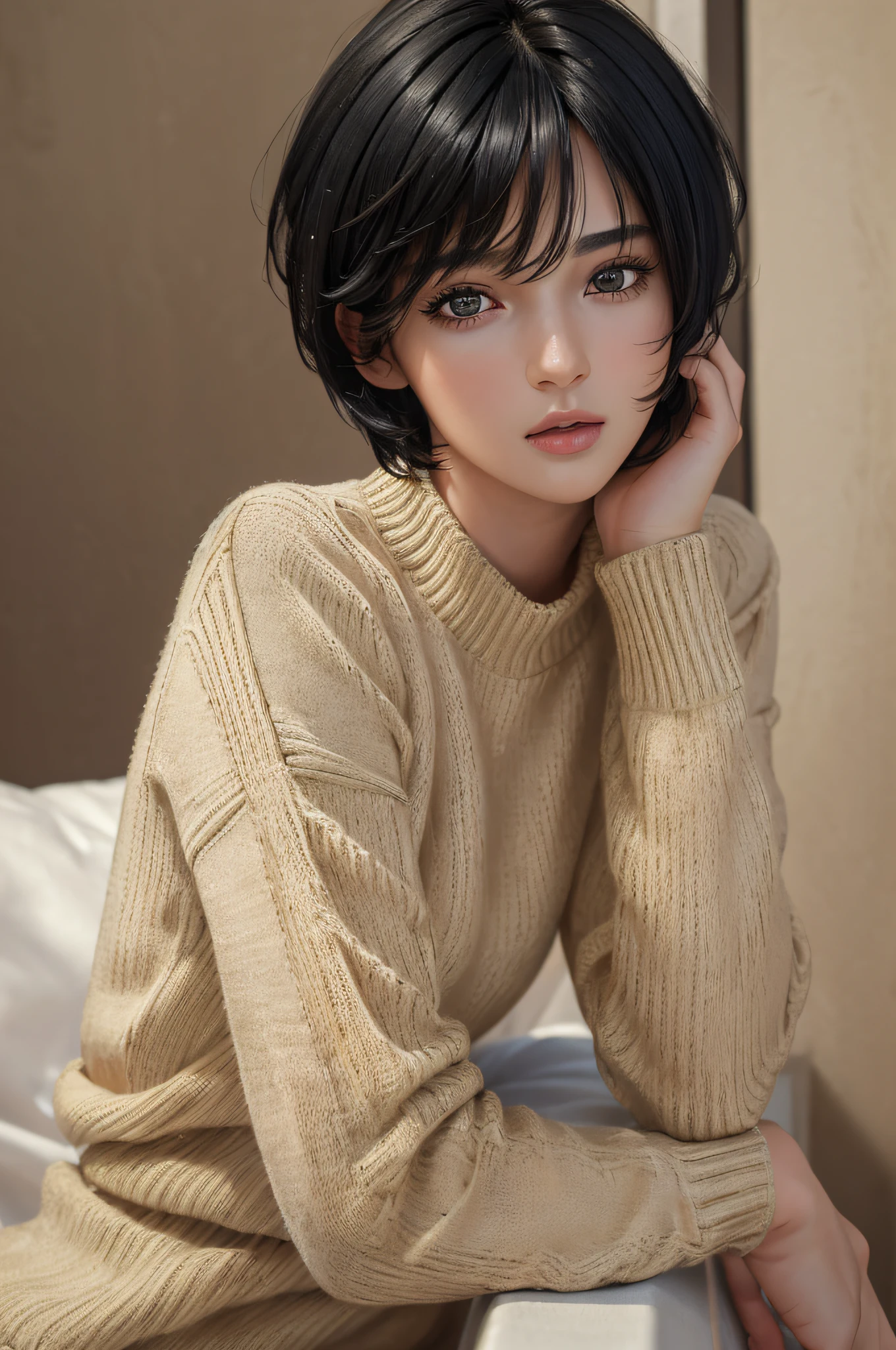 (masterpiece:1.3), (8k, photorealistic, RAW photo, best quality: 1.4), (1girl), beautiful face, (realistic face), (black hair, short hair:1.3), beautiful hairstyle, realistic eyes, beautiful detailed eyes, (realistic skin), beautiful skin, (sweater), absurdres, attractive, ultra high res, ultra realistic, highly detailed, golden ratio