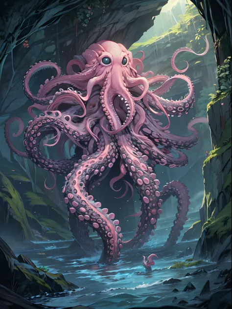This monster lives deep in a cave on a shallow, wide rocky shore. Upper body of a beautiful woman, Scylla, lower body like octopus legs, hair pink long wavy-wetty, skin light blue, seaweed bra,