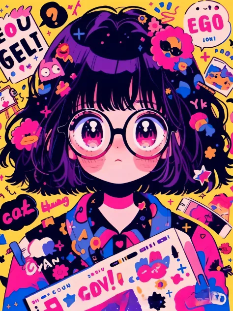 A girl wearing glasses and a pink shirt holds a sign, decora inspired illustrations, lovely art style, Cute detailed digital art, Anime style illustration, Retro anime girl, 8 0 s anime art style, anime vibes, lofi-girl, 9 0 s anime art style, Digital anim...