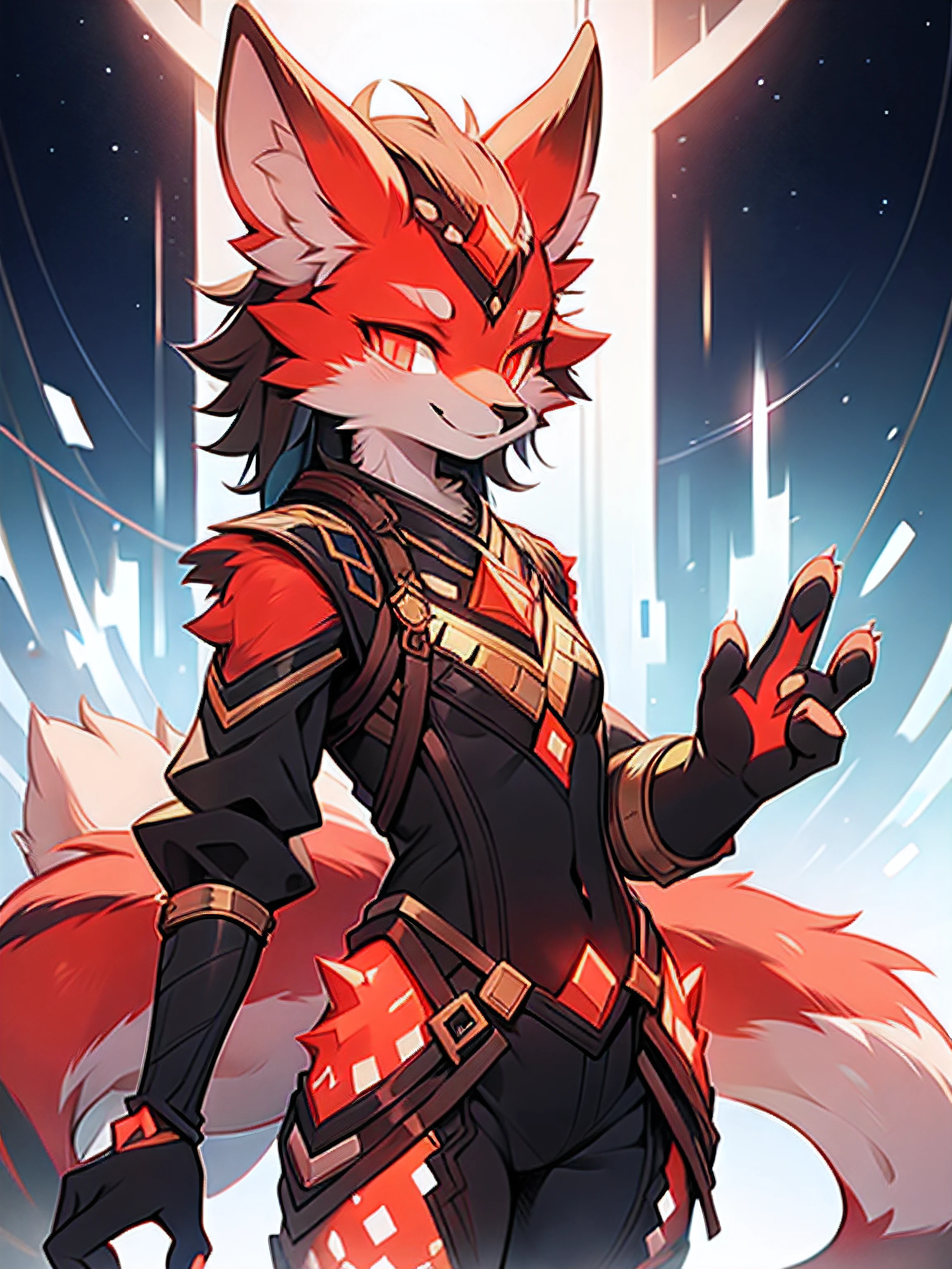Rystal, Star Fox, femele, (A detailed), fluffly, Solo, 1 Girls, fotorealistisch, ((clear structural details)), Meticulous and realistic, A detailed eye, (Redness of the eyes), ((Red glowing eyes)), Evil smile, Smile, slenderness, soft, 4K, Excellent quality, high detal, Detailed fur, ((The tail is in the right place)