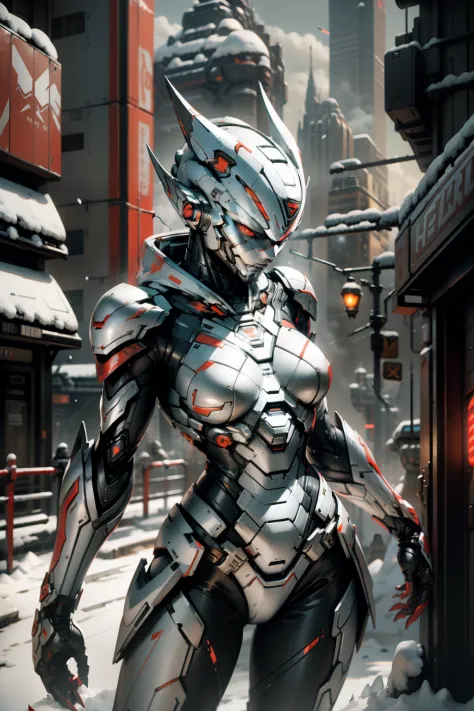 ​masterpiece、top-quality、hight resolution、cyberpunked、Real with creativity、White and red metal body、Slender woman、Beast Woman、Ultraman、snow-white body、(Stance:1.1)、Biomechanics、 Megacities of the future、Dramatic Lighting、