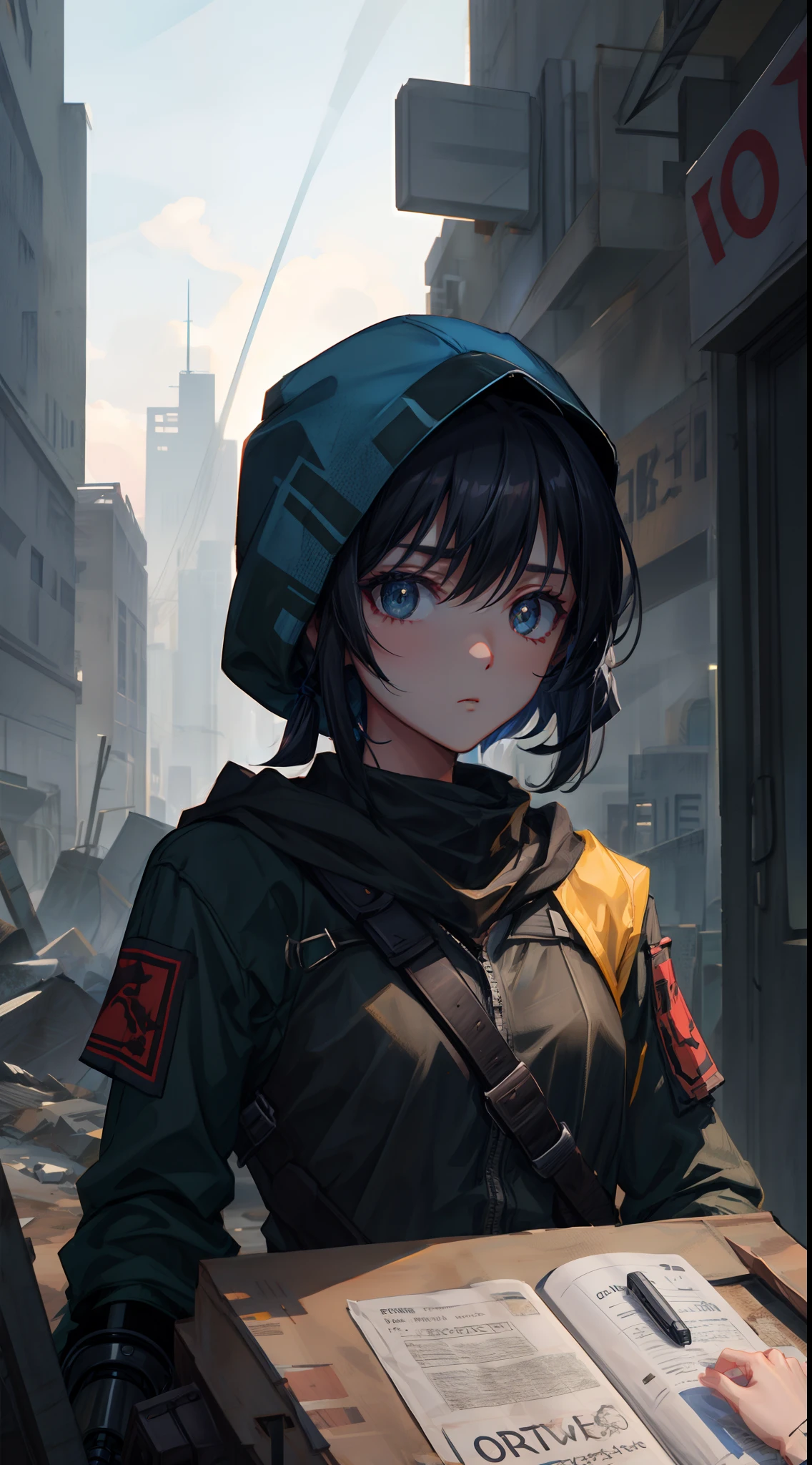 1 girl, upper body, single focus, survivor appearance, rugged post-apocalyptic attire, gritty wasteland, (post-apocalyptic setting: 1.4), (fighting for survival: 1.3), cybernetic features, dystopian aura, [depth of field, ambient lighting, apocalyptic style foreground, cybernetic modifications], Post-Apocalyptic Dystopia, survival, cybernetic wasteland, (improvised tech), (battle-worn accessories: 1.2), intricate details, enhanced lighting.