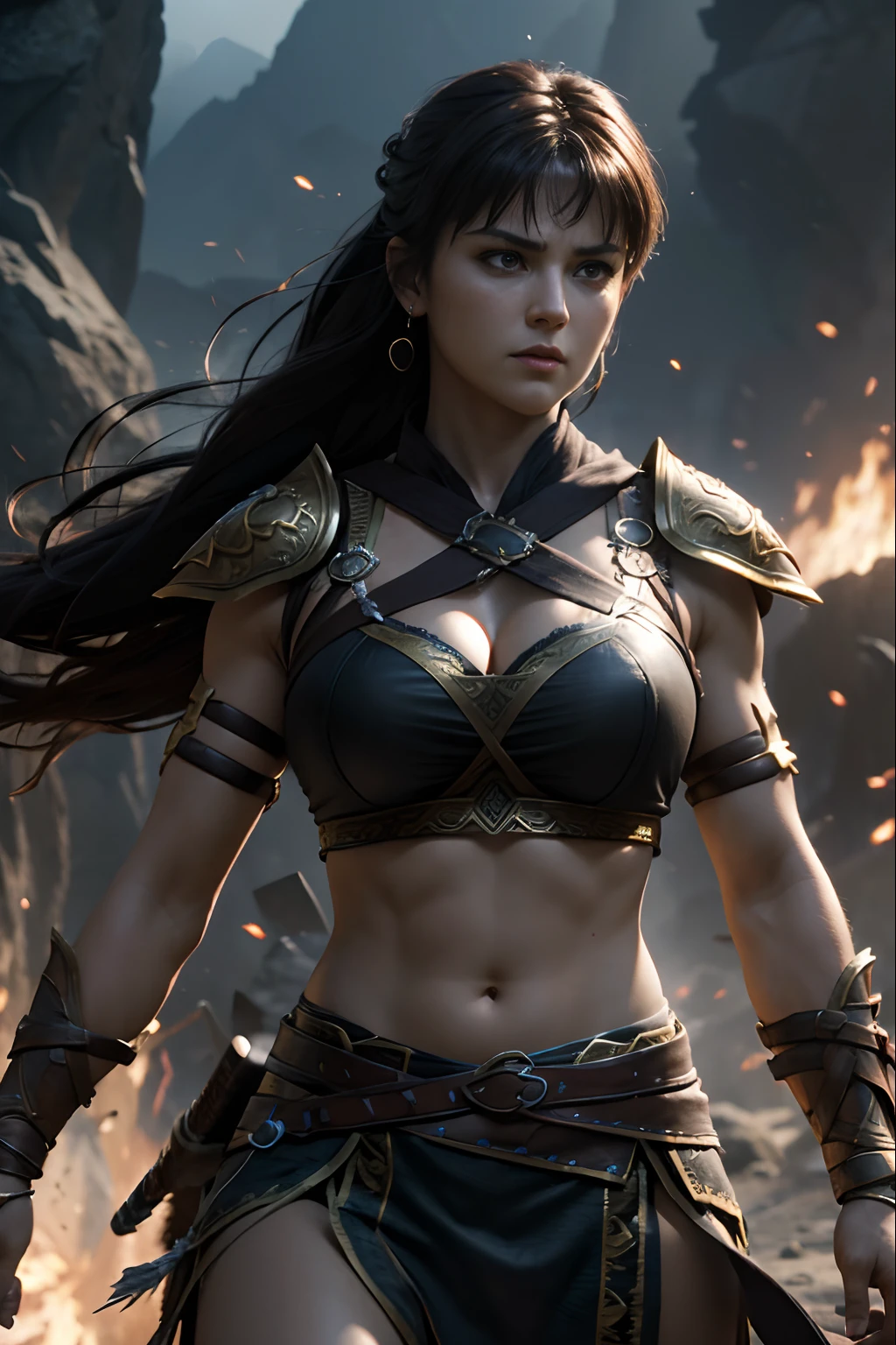 (Fondo de pantalla CG Unity 16k altamente detallado:1.1), (Fuerza de eliminación de ruido: 1.45), (obra maestra:1.37), estilo de juego, princesa guerrera xena, hiper alta definición, Fantasía oscura, listo para atacar,