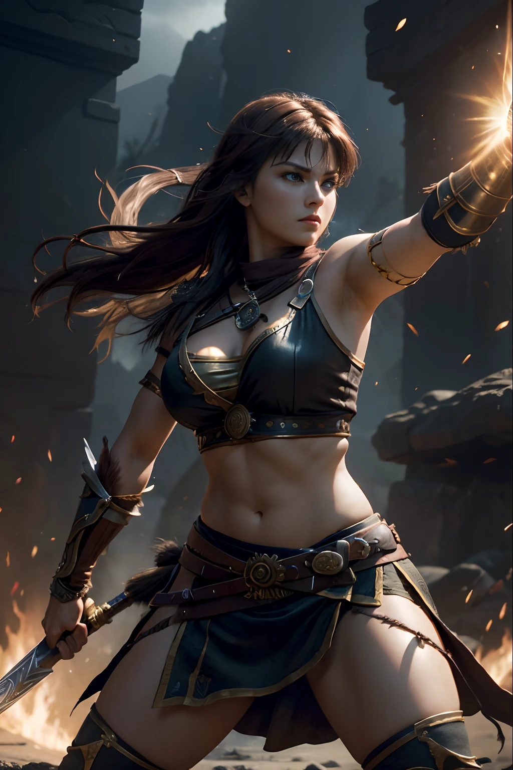 ((postura ofensiva)), (Fondo de pantalla CG Unity 16k altamente detallado:1.1), (Fuerza de eliminación de ruido: 1.45), (obra maestra:1.37), estilo de juego, princesa guerrera xena, hiper alta definición, Fantasía oscura,