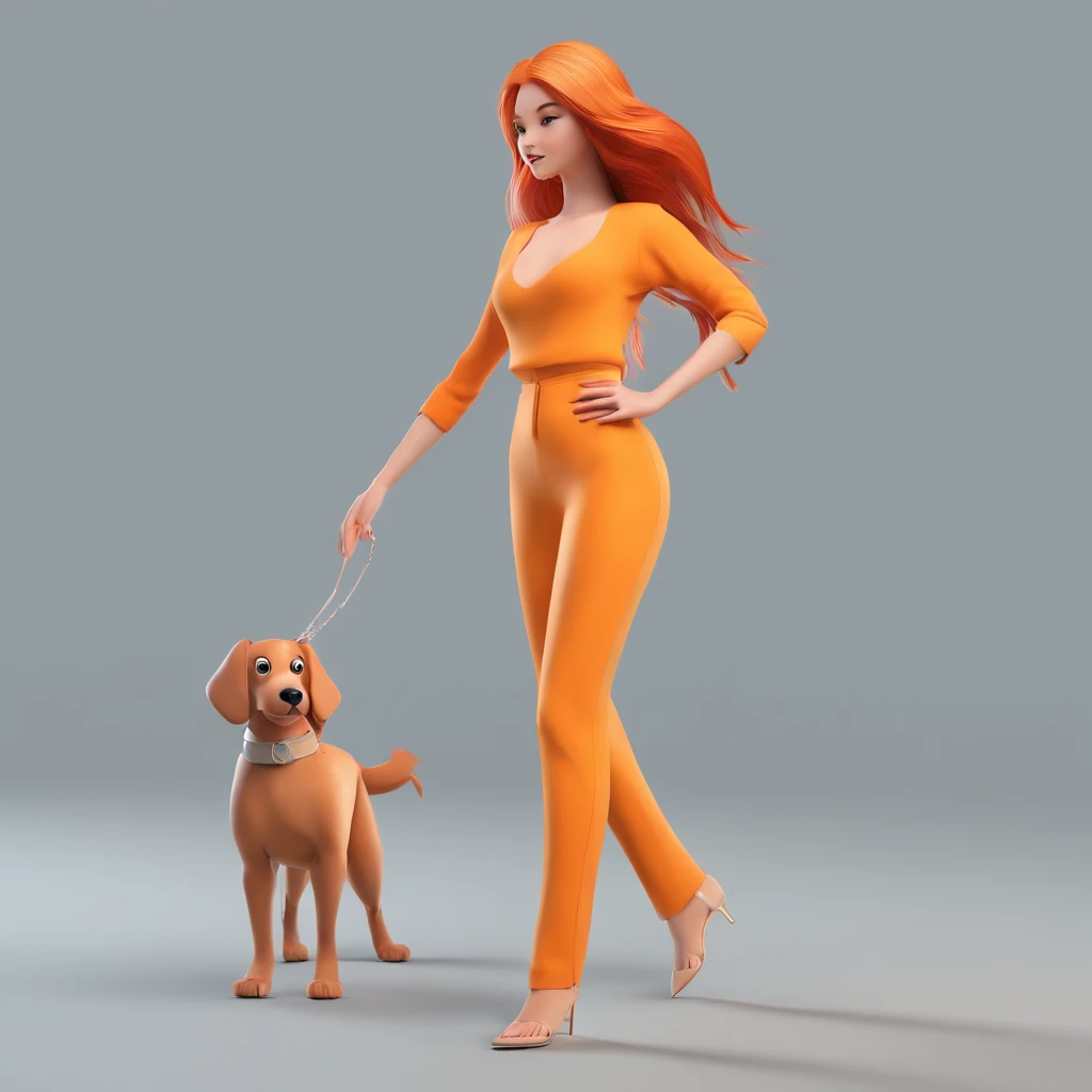 Araffe femme en tenue orange marchant avec un chien en laisse - SeaArt AI