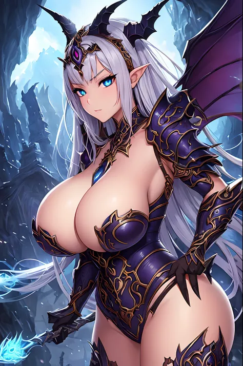 Generate an awe-inspiring fantasy illustration showcasing an exquisitely detailed and lifelike Demon Girl characterized by captivating eyes, a stunningly beautiful face, and intricate skin and massive boobs, (gigantic breasts). Adorn her with enchanting fa...