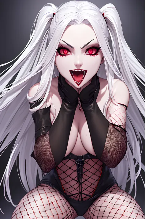 Vampire woman, vampire fangs, (blood on her chin), (white hair), (thick dress), (master piece), (on her knees), (bareback), (long hair), perfect body, (fishnets:1.3), (ultra realistic eyes), (detailed face), DSLR photography, sharp focus, Unreal Engine 5, ...