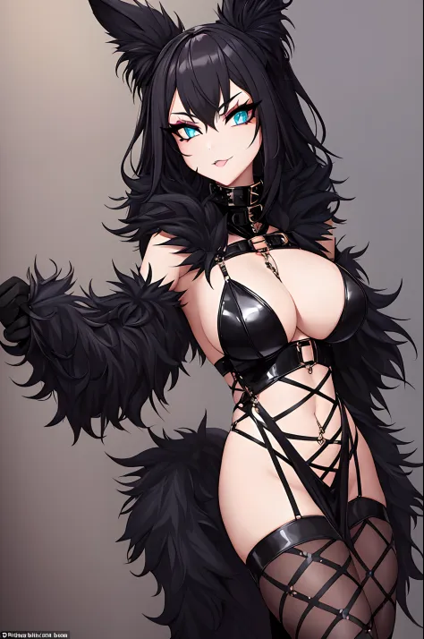 (Furry goth girl) with a seductive gaze, showcasing intricate fur patterns on her face and captivating eyes, smooth legs, high heels. She confidently wears a spiked collar and embraces her dominatrix persona in a revealing cosplay outfit, exposed cleavage ...
