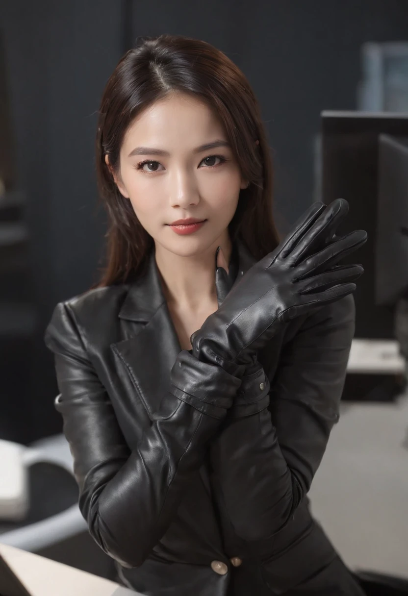 Wearing black leather gloves in both hands, upper body, black business suit, facing the desk in my room with a computer in the dark, looking down and smiling, operating the computer with the fingertips of black leather gloves, black hair bundled at the back for a long time, still young and very cute Japanese female new employee (black leather gloves cover both hands)
