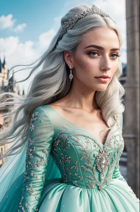 a close-up photography  of a elegant Princess with very long (windblown:1.1) ombre platinum white hair, disbelief, flat sagging ...
