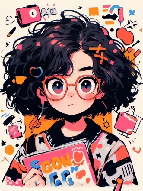 A cartoon girl with glasses holds a book，There are a lot of things around, lovely art style, Cute detailed digital art, Anime style illustration, cute detailed artwork, decora inspired illustrations, Cartoon Art Style, Girl with glasses, Digital anime illu...