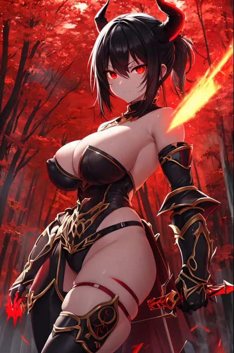 Demon knight, sexy, milf, jet black hair short ponytail, red skin two short horns, gold eyes, white armor with gold trimming, long shiny sword, (gigantic knockers), (hentai like tits), (large breasts), deep cleavage, (nipples are partial), wide hips, (thic...