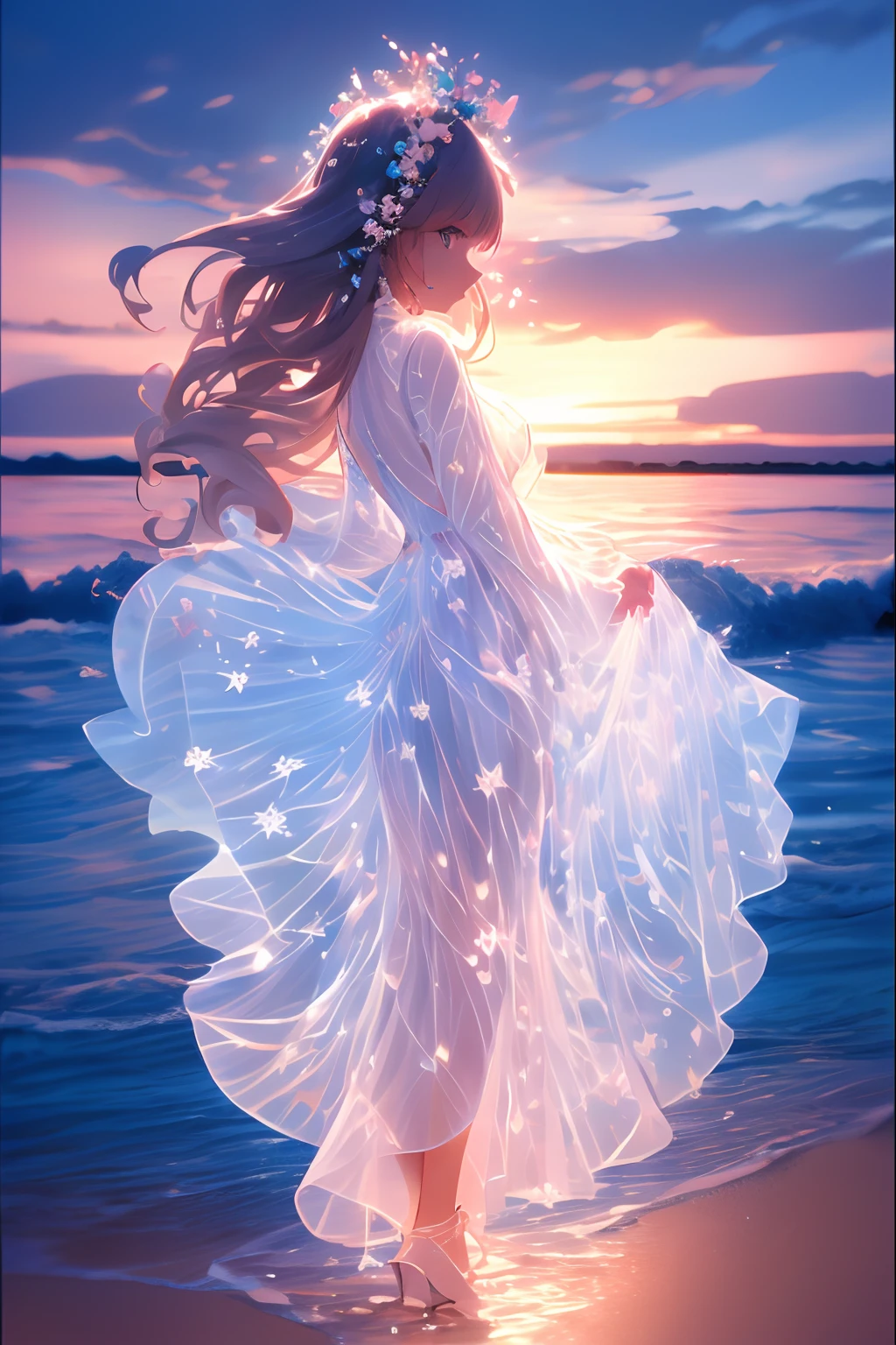 White long hair anime girl wearing white shirt and flower crown, Snow scene，a beautiful anime portrait,tmasterpiece， one-girl， Cloud Girl， Clouds， Colorful， Transparent body，Sparkling，full bodyesbian，long  skirt，White top，green long skirt，Transparent clothes，Elf wings，Red streamer