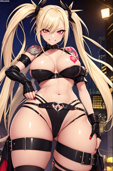 Maka, busty blonde woman with twintails, wearing a skimpy punk outfit, has an evil smile and a crazy face. She has tattoos all over her body, and her provocative attire matches her naughty and slutty personality. The night city serves as the backdrop, with...