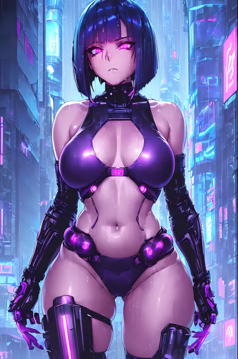 Woman, (against the backdrop of a cyberpunk city:1.3), (swimsuit:1.3), (small breasts:1.4), (flat chest:1.3), (dim lighting:1.3), (detailed hair:1.3), (bob haircut:1.3), (blue hair:1.3), (highly detailed:1.3), (glowing purple eyes:1.4), (detailed face and ...