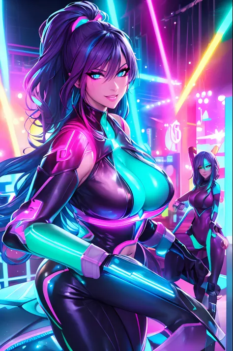 Best quality, realistic, vibrant colors, neon lights, physique: slim fit body (beautiful fit body:1.1), gigantick breasts and ass, detailed eyes, detailed lips, night club, dancing, harness and straps, lively atmosphere, energetic poses, fashionable outfit...