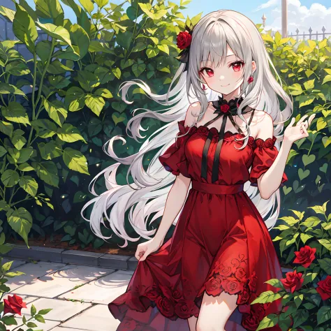 Wavy Gray Hair、red eyes、Beautiful girl alone、Red dress、a smile、rose garden