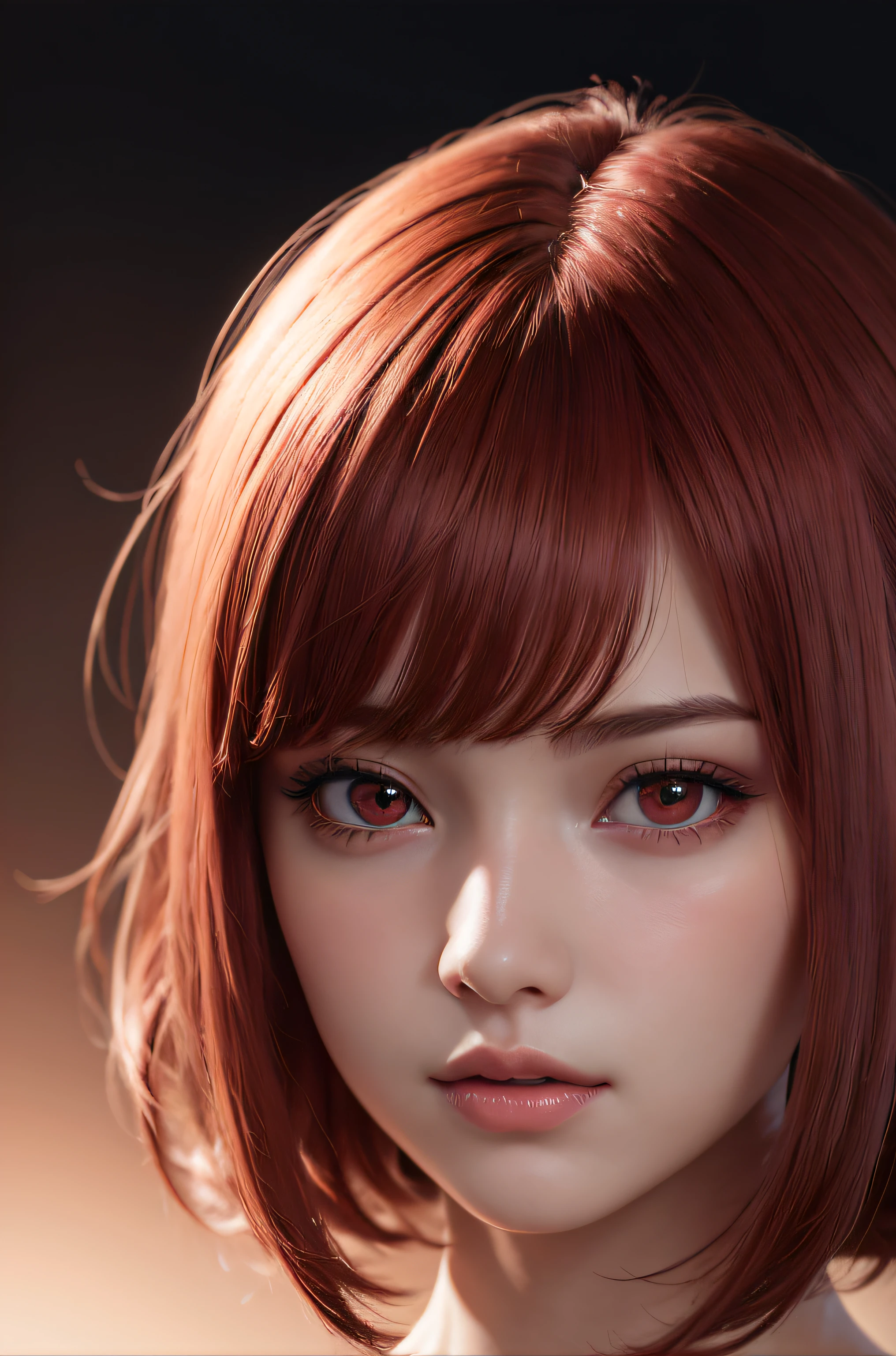 Close up portrait of woman with red hair and black top, photorealistic anime girl render, 8K portrait rendering, soft portrait shot 8 k, 3 d anime realistic, realistic anime 3 d style, Smooth Anime CG Art, [ 4 k photorealism ]!!, Hyper realistic anime, [ 4 k photorealism ]!!!, photorealistic anime
