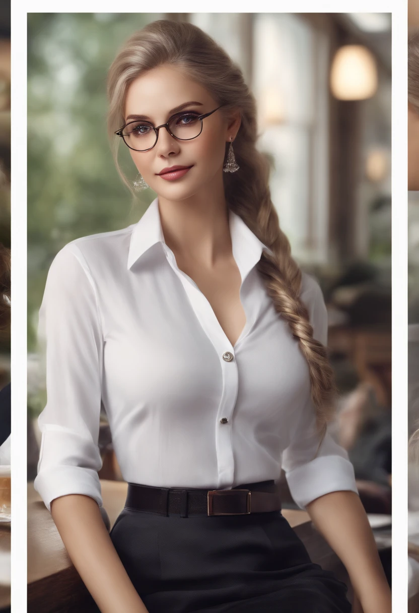 At best....., high-detail, master-piece, ultra-detail, (Realistic:1.2), 1girls, ( Cafe Background),, delicate eyes, silver-haired, purple eyes, Hair ornaments, (Clear Buttons White Tight Office Shirt:1.3),Hair length, light_ear, diadem_braid, expressionless, straight hair, (++ Seated: 1.2), large boobs,lifelike,soft colors,Wear glasses