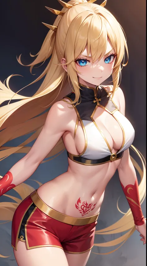 young girl, longue blonde hair, Hairpin with a bundle, turquoise eyes, Yakuza tattoos, red tight uniform, Sleeveless, Wide neckline on the chest to the abdomen, Gold Elements, Red gold armor, Shorts, claws, smirk, Masterpiece, hiquality, 4k, HD, Good detai...