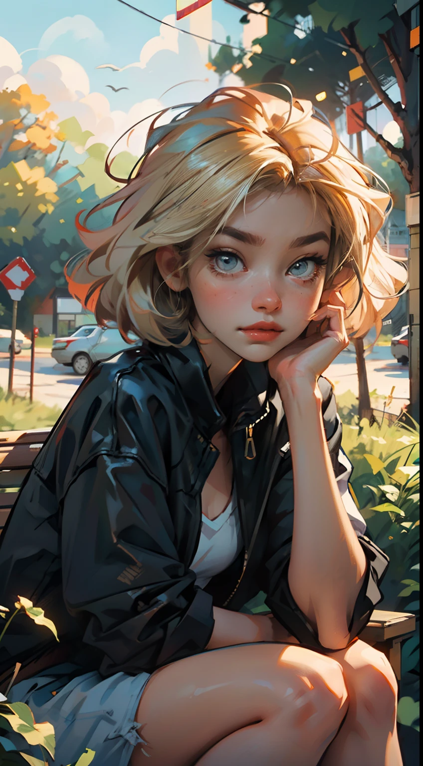 4K, high resolution, Best quality, Masterpiece, perfect, really warm colors, perfectly shaded, Perfect lighting, posted on e621, (by Jim Lee), masterpiece, digital paint, (close up, Cute girl, 20 years old, blond short hair, simplified eyes ), sucking a lollipop, sitting in the grass in a hide park in London. 1990s \(style\),