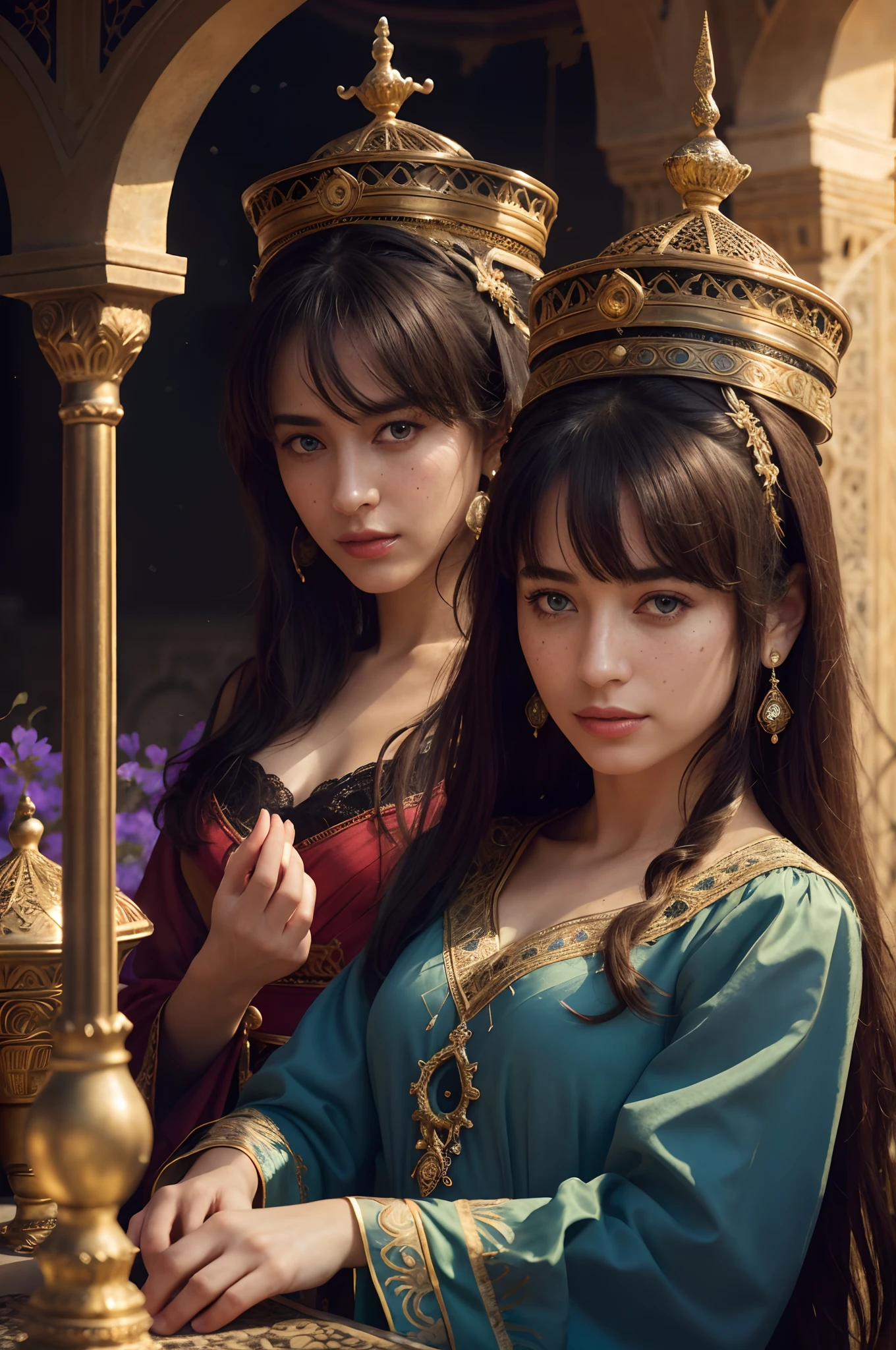 primitive, (((Two concubines,duo,caressing the))),Nikon Z 85mm, award-winning glamorous photography,((Best quality)), ((Masterpiece)), ((Realistic)), 18th century, Vintage image, Beautiful Arabic woman wears, Lace dress, Wearing a crown, 25 years, (Long brown hair), Brown eyes, (Large breasts), Sitting in a Turkish palace, Mysterious palace in the background, small, ((Small breasts)), Innocent, Flower pedal in the air, ((freckle)), Intricate details, Highly detailed, Sharp focus, professional, 4K, spring flowers blooming, divine rays, Hand model, stunning blue eyes, small, Delicate, Innocent, high resolution, Detailed facial features, High detail, Sharp focus, smooth, Aesthetic, Extremely detailed, photore_\(Supergianthugebreasts\), Photorealistic, Realistic, Post-processing, Maximum detail, Roughness, Real life, Ultra photo realsisim, Photorealism, Photography, 8K  UHD, Photography, light SEMI-SILHOUETTE, Arabic face