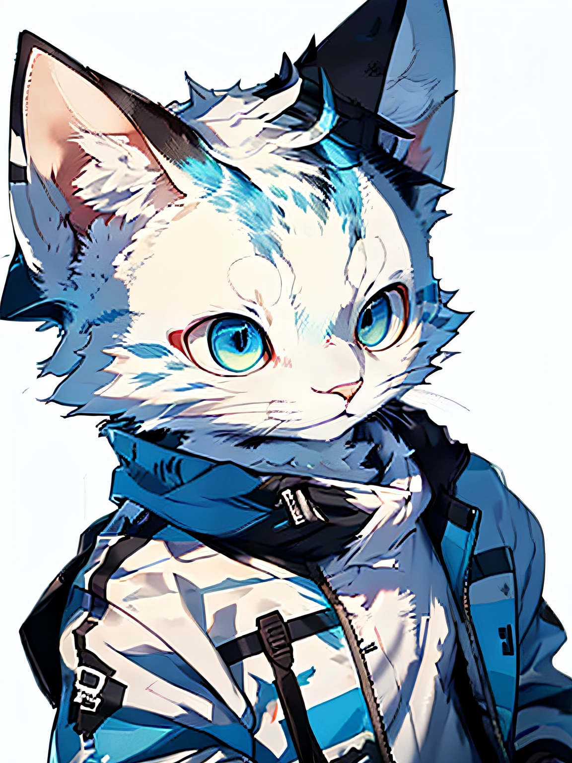 White male cat，There are black stripes on the face，blue color eyes，Wearing a down jacket