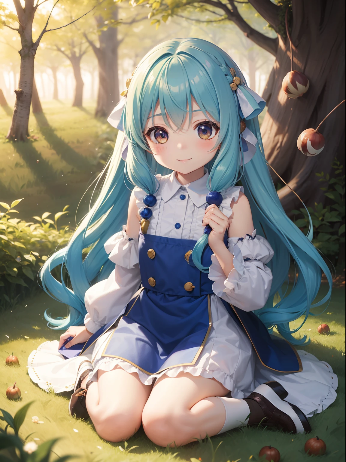 Chibichara　Picking chestnuts in a chestnut grove　long hair with blue hair((Chibi Chara))、A charming smile、Fluffy、girl with、Chibi Chara、Friends of the Forest、full body Esbian、Pastel colors hair、masutepiece、top-quality、