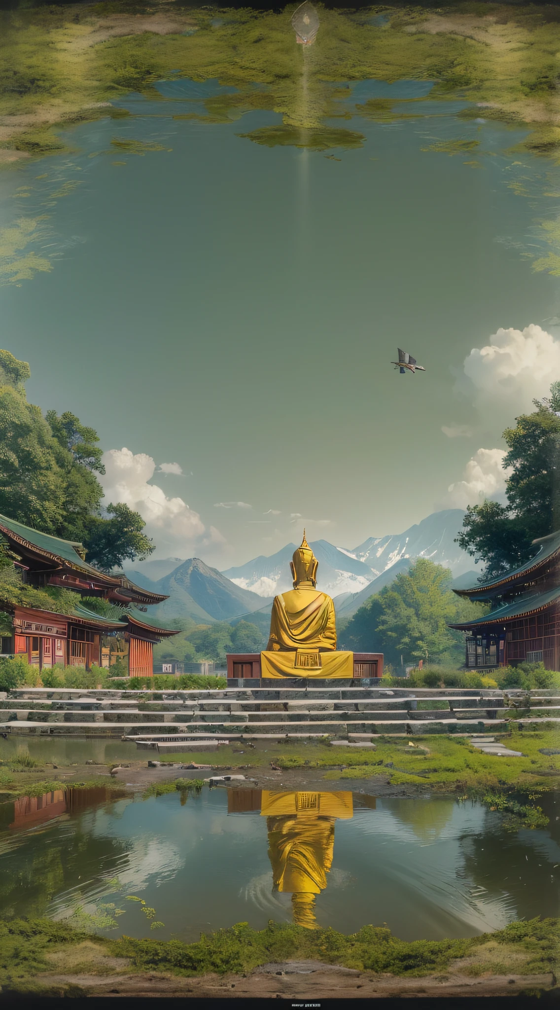 (A group of pilgrims on the way:1.5)，In the distance is a huge tall Buddha statue，with mountains，Covered in moss, Peaceful face, Buddhist,,Detailed unblurred face, Stoic face,photore, The sky shines gold，holy rays，Zen temple background,Verism, En plein air, Cinematic lighting, stereograms, Masterpiece, hyper HD, Best quality