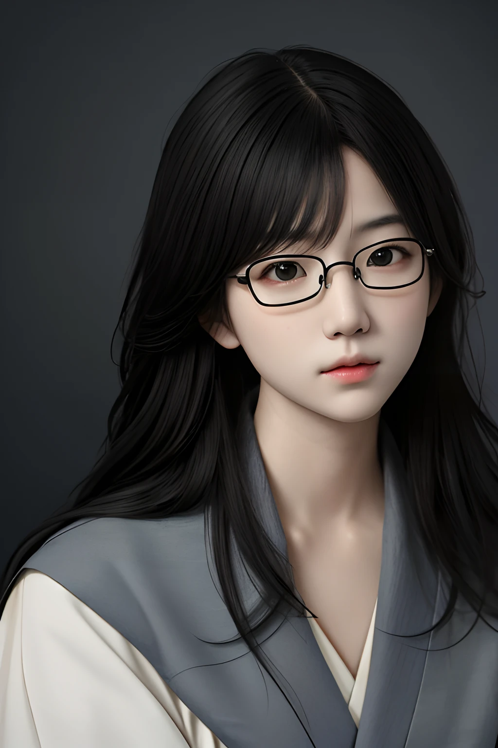 masterpiece, realistic, realism, photorealism, high contrast, photorealistic digital art trending on Artstation 8k HD high definition detailed realistic, 1girl, Japanese young woman, student, eyeglasses, solo, grey eyes, school japanese uniform clothe, long hair with bangs, black hair, lips, simple shot, black background, parted lips,art by artgerm and ruan jia and greg rutkowski surreal painting,detailed, skin texture, hyper-detailed, realistic skin texture,