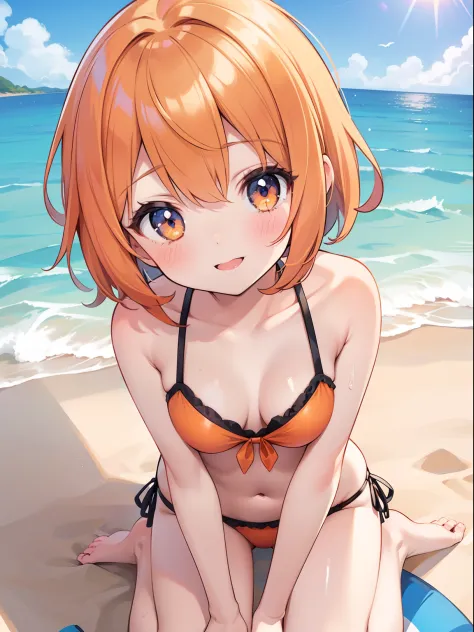 1girl, Serena from pokemon, orange short hair, wearing a bikini at the beach, smiling, blushing, highly detailed, high quality, master piece, detailed face, mature