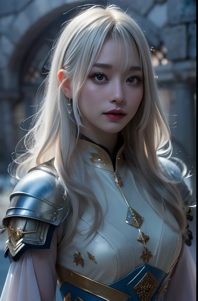 8K, Raw photo, Photorealistic, Realistic, (Detailed skin, Best Quality:1.2), ((armored dress, White long hair:1.4, short bangs)), Japanese lady at night, (Fairer skin, skinny body), (foggy night:1.3, Abandoned European castle, cracked wall,), cinematic dark lighting