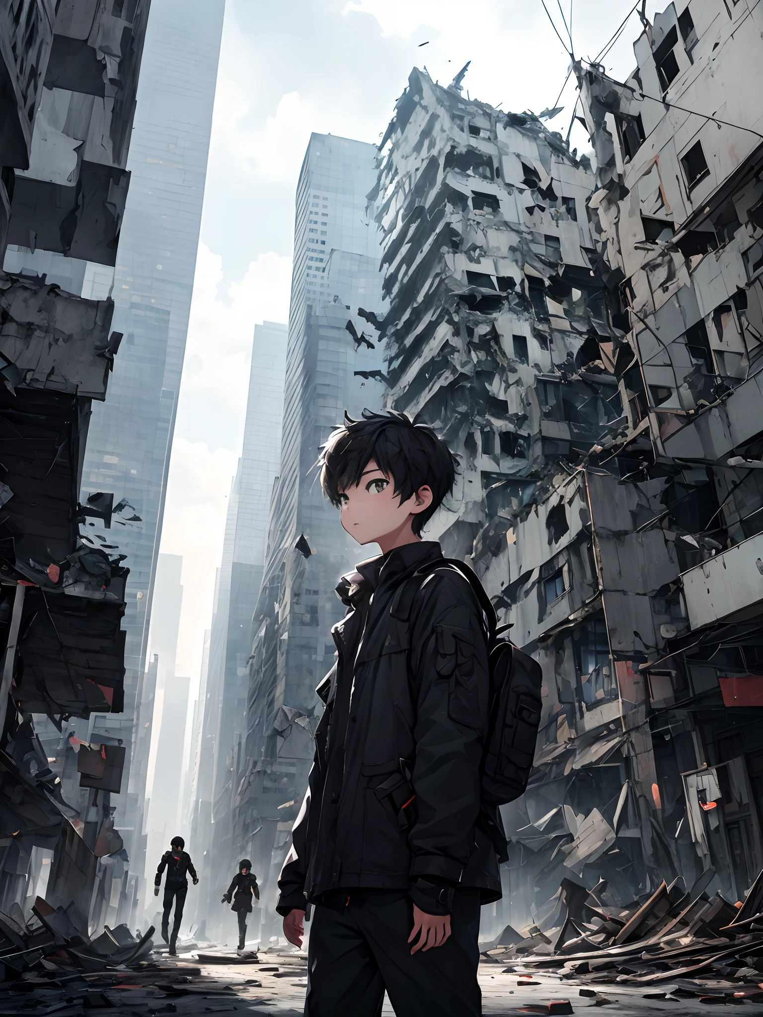 1 Close-up of a boy, The upper part of the body, Destroyed city、Abandoned skyscrapers
With a brave look、Boy guiding you to your destination。
Behind him is a gray sky and a broken wall、Remains of buildings。
With dynamic angles、Excellent drawing of strategic shadows。​masterpiece。